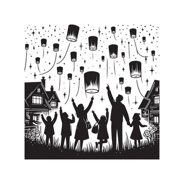 Lantern Release Celebration Line Art Vector