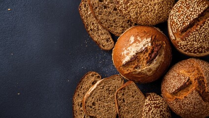 Seed-enriched wheat bread featuring buckwheat, flax, and sunflower seeds, laid flat on a dark surface for layout use