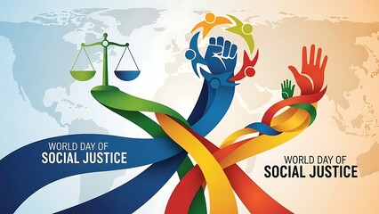 World day of social justice poster with hands and scales on colorful ribbon