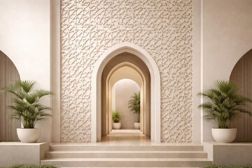 Fototapeta premium Geometric pattern forming background in vertical frame with arch door inside modern architecture