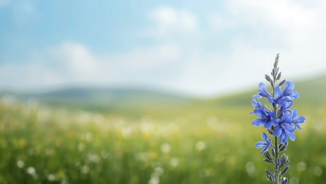 Summer landscape scene featuring vibrant chicory blossoms as a decorative floral backdrop
