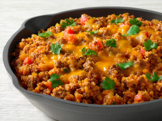 Iron casserole with Cheeseburger Cauliflower Rice Skillet, a representative dish of the keto diet.