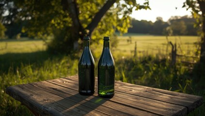 Old dark green cider bottles resting against a vintage farm setting, highlighting artisanal production methods