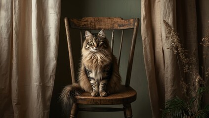 Long-haired tabby feline resting on a chair, illustrating household pet relaxation and comfort