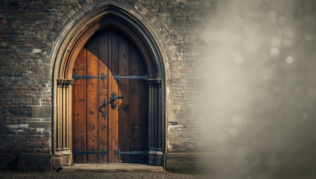 Large historic church entrance with carved wooden panels, focusing on architectural heritage, World Heritage Day