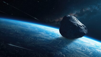 Large asteroid close to Earth in the solar system, highlighting space object monitoring, icy meteors visible, planetary safety focus