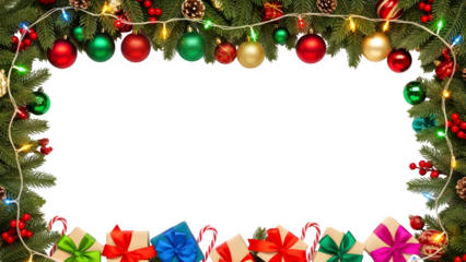 Christmas frame border made of fir branches, colorful ornaments, lights, berries, candy canes, and gifts with transparent background copy space