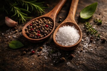 Close up of mixed peppercorns and sea salt in wooden spoons on an earthy dark stone surface with herb accents and copy space
