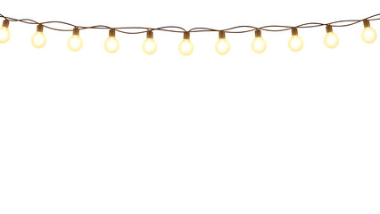 String of warm white glowing light bulbs hanging on a wire isolated on transparent background