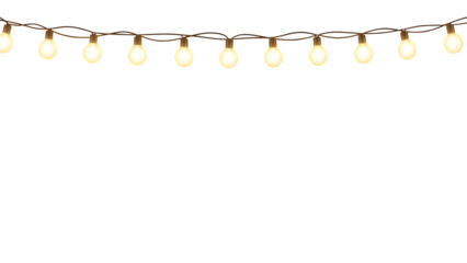 String of warm white glowing light bulbs hanging on a wire isolated on transparent background