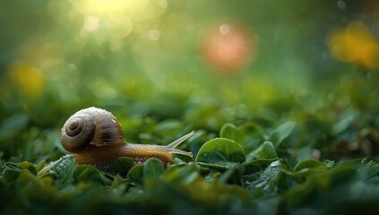 A dew-shelled snail advances slowly in the garden, illustrating natural pace and biodiversity, World Nature Conservation Day