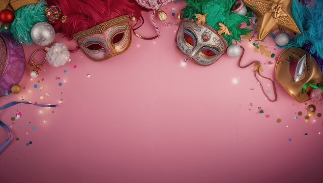Top view of kids in masks and costumes at a carnival celebration, holiday accessories and Christmas tree present