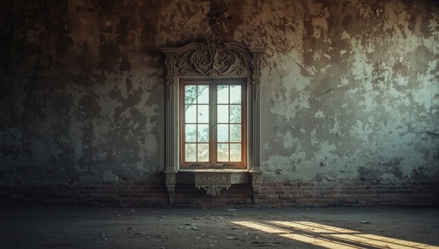 Fragmented window glass in an old structure used for layout or design purposes, historic site preservation