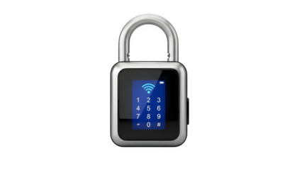 A silver digital combination padlock isolated on transparent background