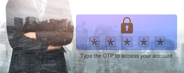 A businessman interacts with a digital one-time password interface, symbolizing security and verification in today technology-driven financial landscape. Gantry