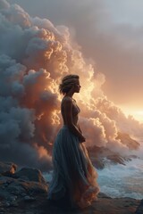 A woman in a long dress standing on a rock by the ocean