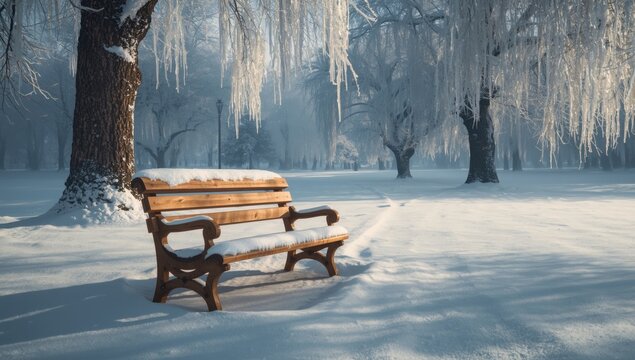 Frozen park bench in a winter setting, highlighting environmental preservation during seasonal change - Powered by Adobe
