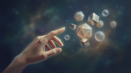 A hand reaching out to touch a collection of floating 3D geometric shapes and transparent orbs in a dark space