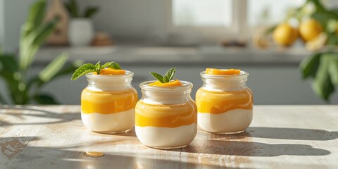 Vegetarian fruit cream served in glass jars with coconut milk curd and mango puree, focusing on natural food presentation