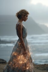 A woman in a long dress standing on a beach holding sparklers
