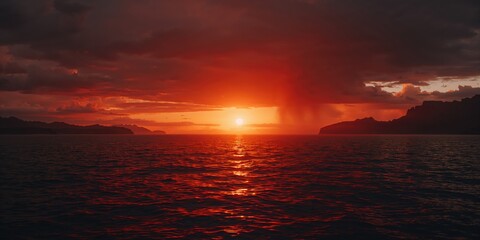Obraz premium Sunset reflection on water with dark clouds overhead highlights atmospheric conditions, Earth Day