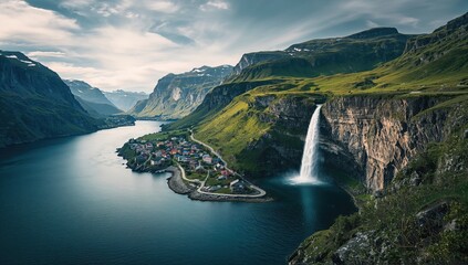 Majestic mountain view with deep blue water and dense forest, suitable for environmental conservation