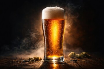 Dark background with fresh beer in a tall glass highlighted by subtle backlighting and mist