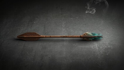 Wooden arrow with aged appearance against a gray surface, medieval weapon construction focus