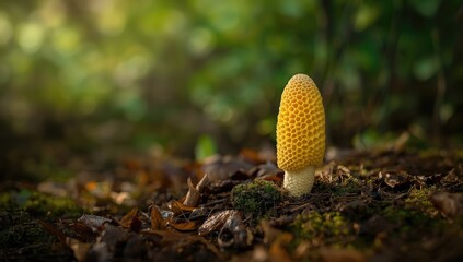 Morchella esculenta mushroom among woodland foliage, highlighting wild harvest and seasonal change