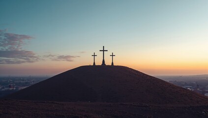 Three crosses positioned on a treeless hill in Vilnius, Lithuania, emphasizing historical landmarks