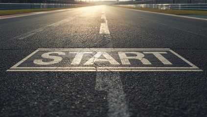 Weathered textured start pattern on pavement, used as a backdrop for urban signage and traffic lines