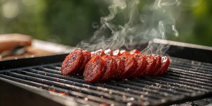 Grilled slices of traditional Czech smoke-dried sausage, focusing on preparation for outdoor cooking, Czech Republic cuisine