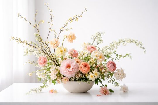 artistic flower arrangement featured on clean white surface