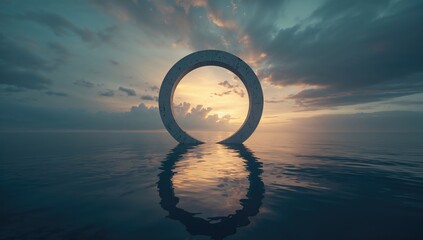 Minimalist seascape with a water-standing round arch and dynamic cloud movement, highlighting coastal erosion