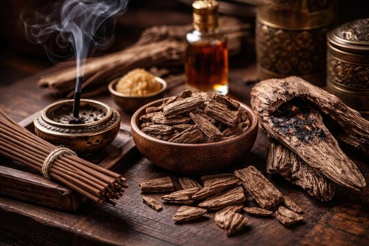 Natural oud chips and agarwood with incense sticks for aromatic perfume making