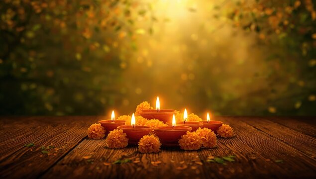 Hindu Festival of Lights display featuring illuminated clay lamps and marigold adornments, highlighting cultural celebrations