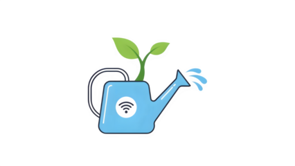A blue watering can with two green leaves growing out of it isolated on transparent background