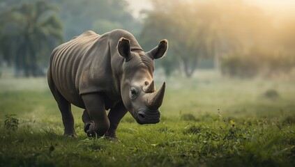 Obraz premium Rhinoceros unicornis standing in dense vegetation, highlighting species preservation, Earth Day