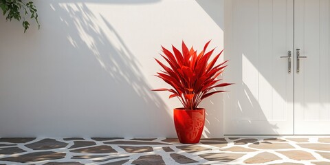 Potted plant with sun streak and cool shade in courtyard, urban greenery