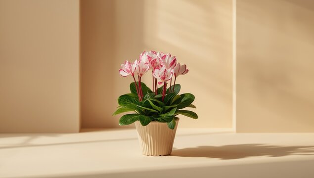 Potted cyclamen flower on a windowsill, summer bloom for indoor decoration, isolated house plant