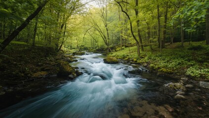 Obraz premium Long exposure shot of mountain river winding through dense greenery in summer, highlighting water and forest features