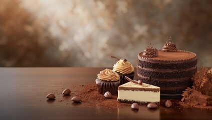 Chocolate desserts arranged as an elegant bakery backdrop emphasizing visual appeal and color harmony, National Baking Week