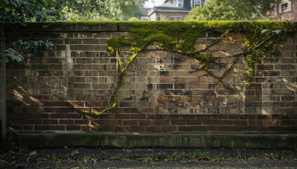 Brick walls with moss growth in a residential yard, suitable for landscape planning
