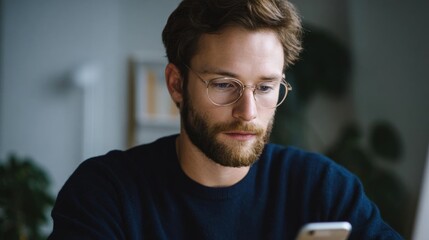 Close-up portrait of a young man with a beard and glasses. he is sitting in front of a computer monitor and appears to be looking intently at his phone.
