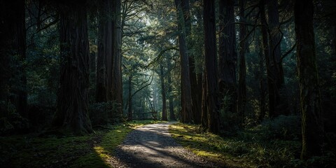 Shadowy woodland pathway with towering trees, highlighting seasonal change in a forest setting