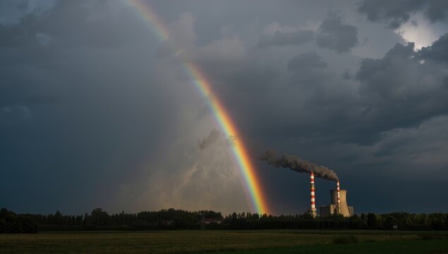 Stormy sky with a double rainbow above a coal power plant with smoke plumes, highlighting pollution concerns