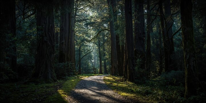 Shadowy woodland pathway with towering trees, highlighting seasonal change in a forest setting