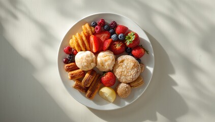 A variety of colorful dishes arranged on a white plate, focusing on culinary appeal and plating technique