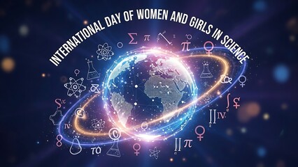 International day of women and girls in science poster with glowing planet and mathematical symbols in space