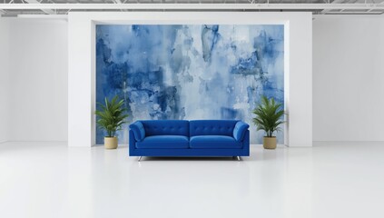 Loft interior of a living space with a blue sofa, white flooring, and blue wall, suited for architectural presentation